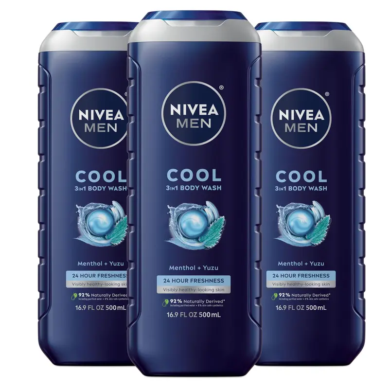 NIVEA MEN Cool Body Wash – Menthol Yuzu, 3-en-1, 500 ml, Pack de 3, Végan, Sans parabènes, Biodégradable, pH adapté