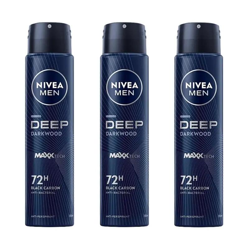 NIVEA Men Deep Black Carbon Darkwood Aérosol 200 ml – 72h Protection Anti-Transpiration, Charbon Infusé, Senteur Bois Sombre, Pack de 3