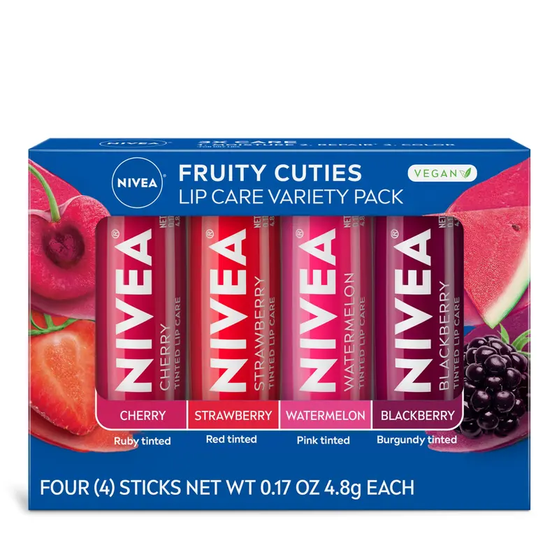 NIVEA Soin Lèvres Fruits – Pack Variété de 4 Baumes Tintés Cerise, Fraise, Mûre et Pastèque