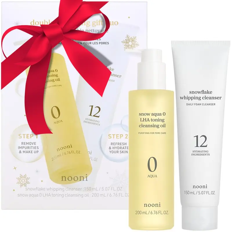 NOONI Coffret Duo Démaquillage Double Nettoyage – Huile Démaquillante Snow Aqua LHA et Mousse Snowflake pour pores nets et teint lumineux
