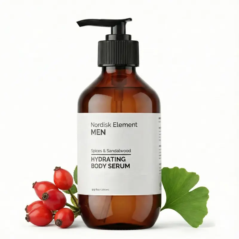 Nordisk Element Sérum Corps pour Hommes – Hydratation légère et absorption rapide avec Acide Hyaluronique, Antioxydants & Botanicals Nordiques | Végan, Épices & Santal