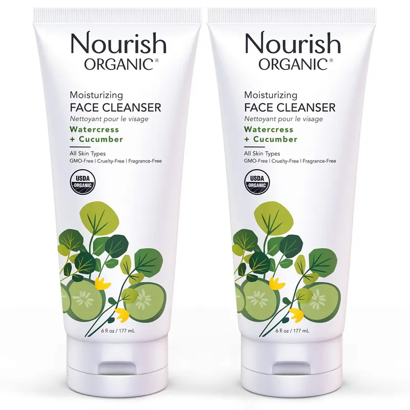 Nourish Organic Nettoyant Visage Hydratant – Watercress & Concombre, Sans Parfum, Pack 2 × 177 ml