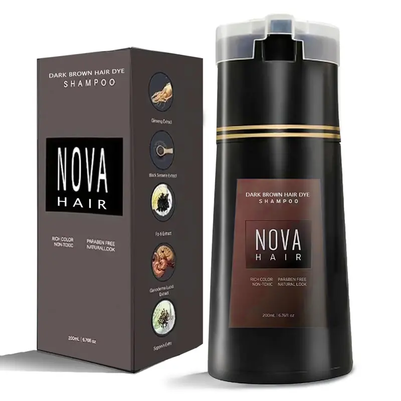 Nova Hair Shampoing Colorant 3 en 1 – Brun foncé, 200 ml – Pour hommes et femmes