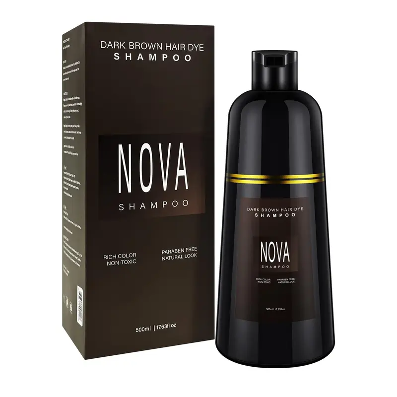 NOVA SHAMPOO - Coloration capillaire 3-en-1 pour cheveux gris, brun foncé, 500 ml