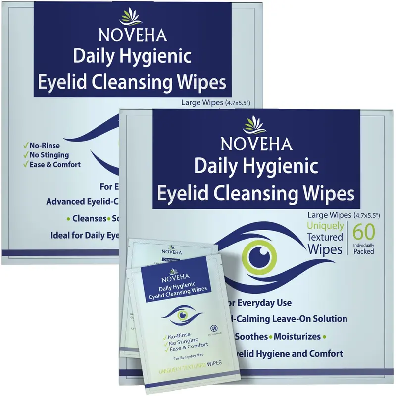 NOVEHA – 120 Lingettes Hygiéniques Quotidiennes pour Paupières et Cils | Nettoyage Doux Sans Alcool (2 Packs)