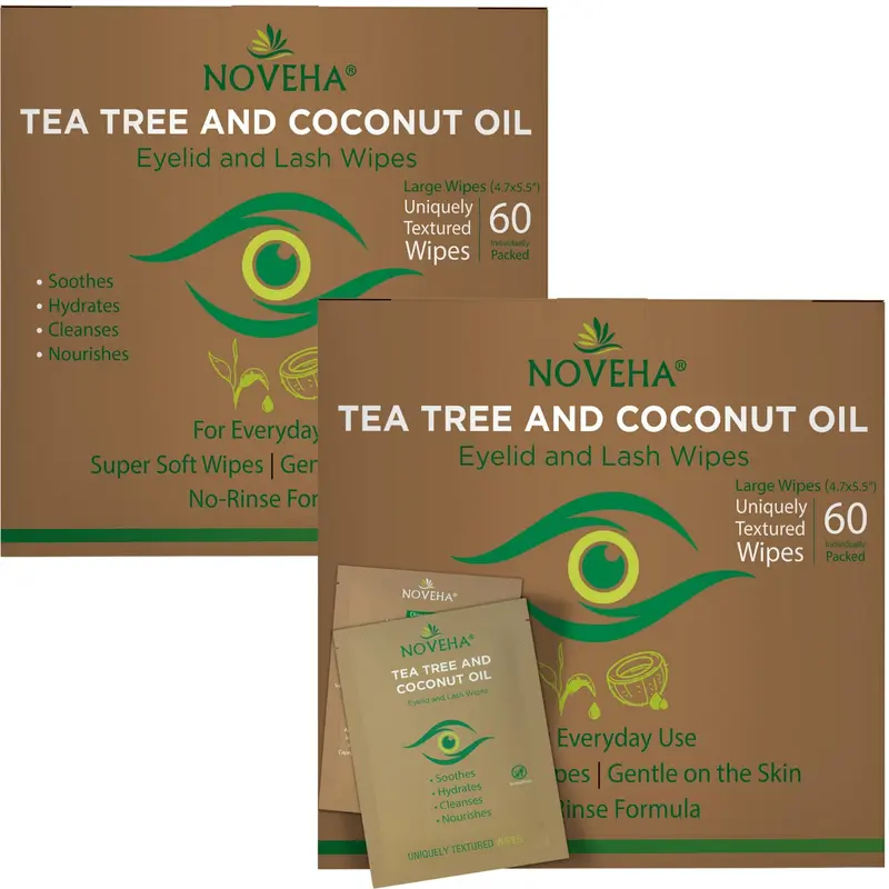 NOVEHA 120 Lingettes Yeux Arbre à Thé et Coco – Nettoyage Quotidien Sans Rinçage