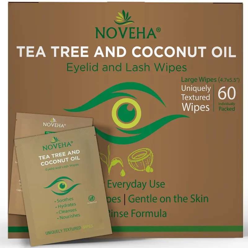 NOVEHA Lingettes paupières et cils — huile d’arbre à thé et coco, 60 pièces, Nettoyage quotidien naturel