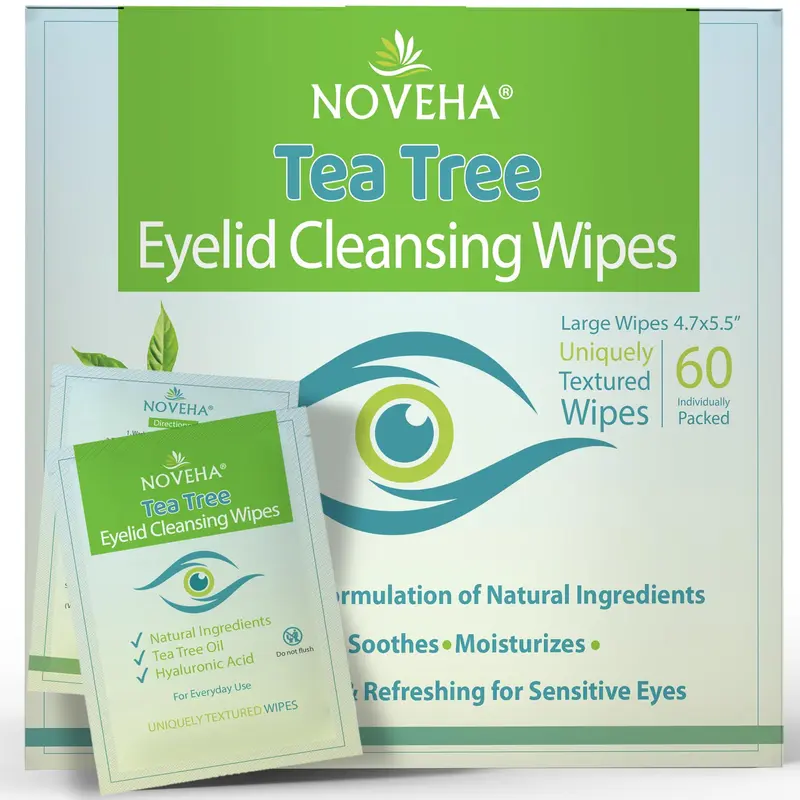 NOVEHA Lingettes Yeux 60 Pièces – Huile d'arbre à thé, Hyaluronique, Thé Vert & Camomille
