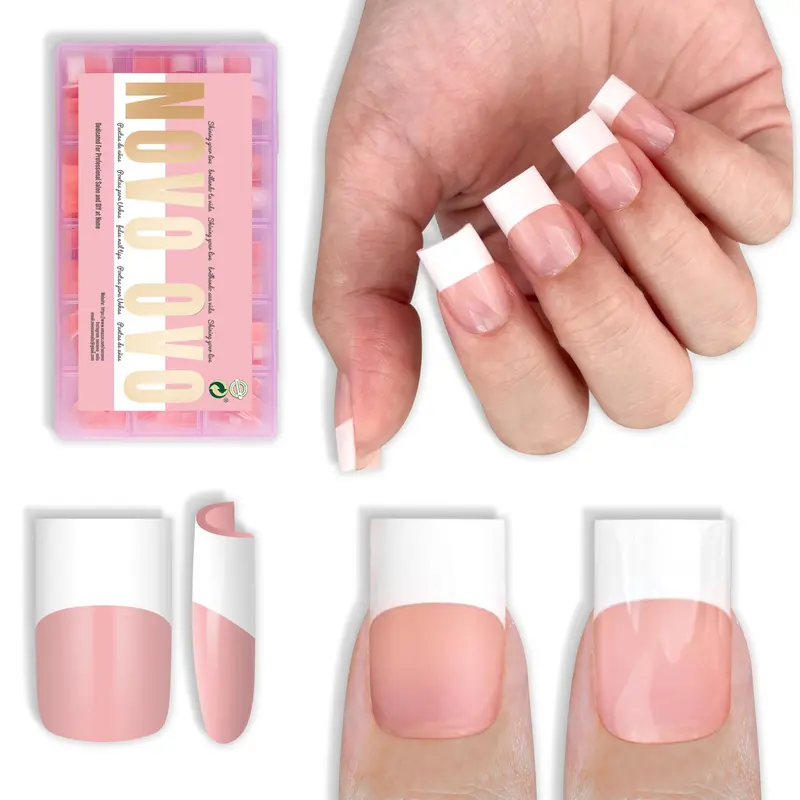 NOVO OVO Old School French Blanc Court Carré – Tips Ongles Press-On Rose Bébé, Gel Builder, Top Coat, DIY, 15 Tailles, 240 pcs