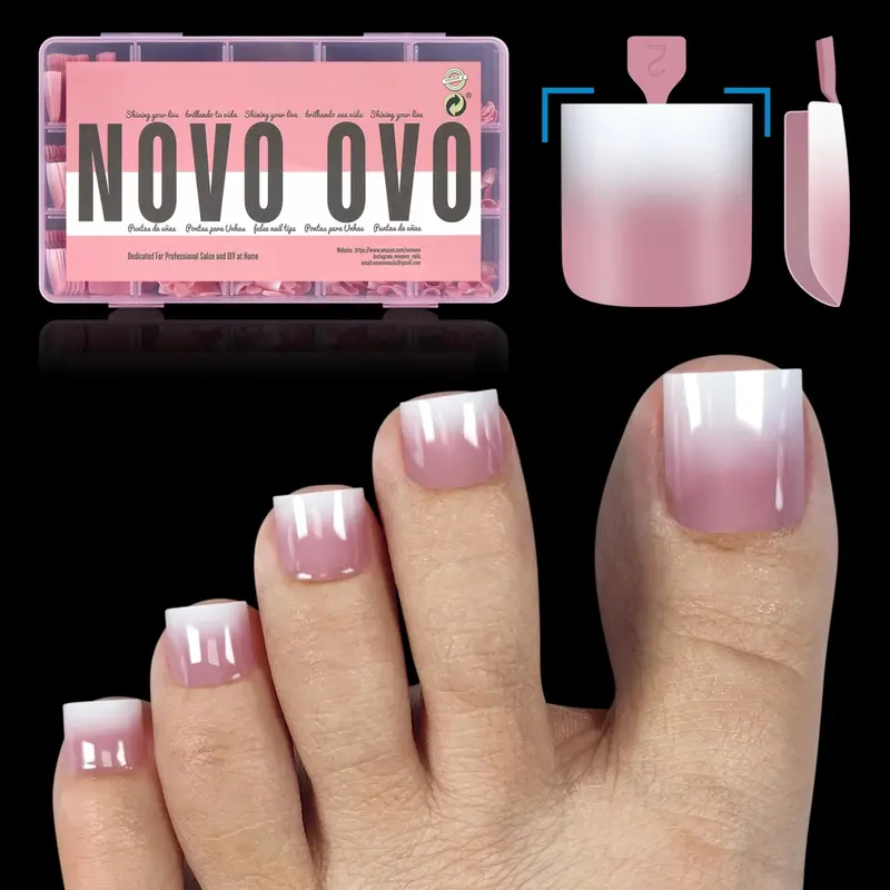 NOVO OVO Ombre French Tip Ongles de Pied Pré‑Designés Rose Framboise – 240 pcs, 15 tailles