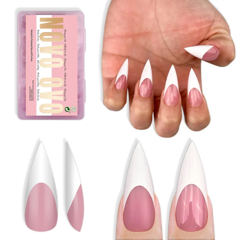 NOVO OVO Ongles press-on à pointe française et forme stiletto – Blanc Berry Pink, 16 tailles, 160 pièces