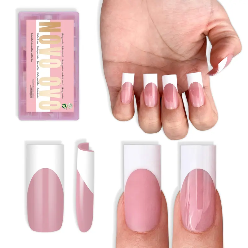 NOVO OVO Ongles Press On Blanc French Tip Carré Moyen Berry Pink – Gel Construction Épais & Top Coat