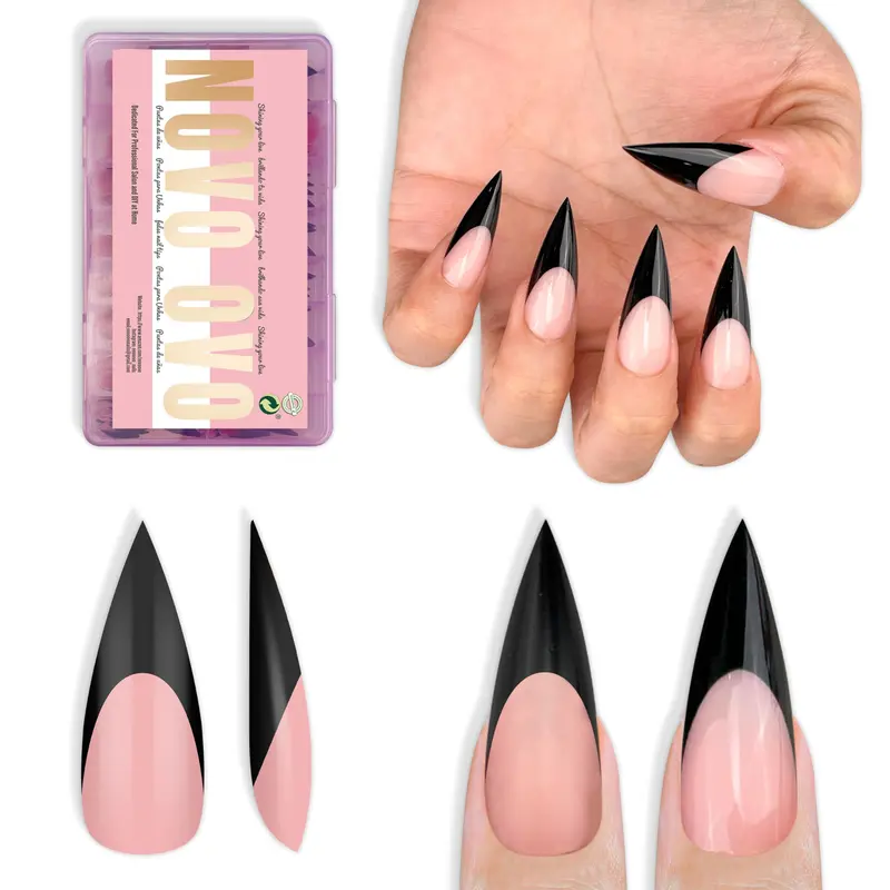 NOVO OVO – Ongles press-on French Tip Sharp Stiletto, Baby Pink, moyens et longs, 160 pièces, 16 tailles