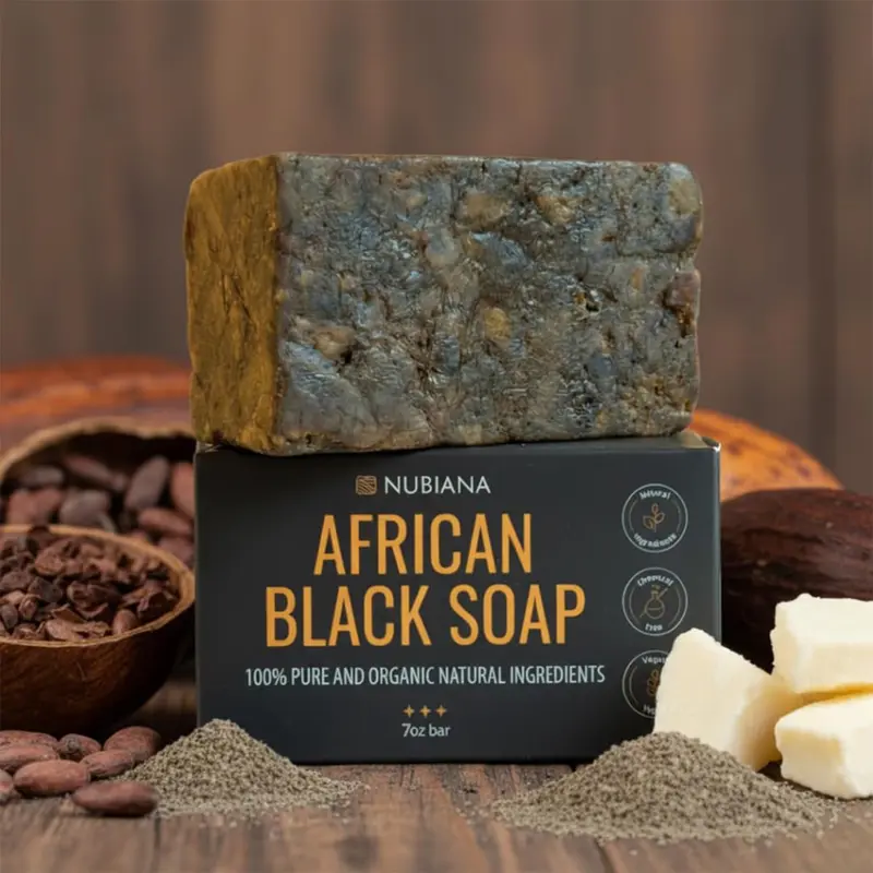 Nubiana Savon Noir Africain Brut 7oz — Authentique Ghana, Beurre de Karité Non Raffiné, Cendre de Cabosse, Nettoyage Profond Sans Parfum