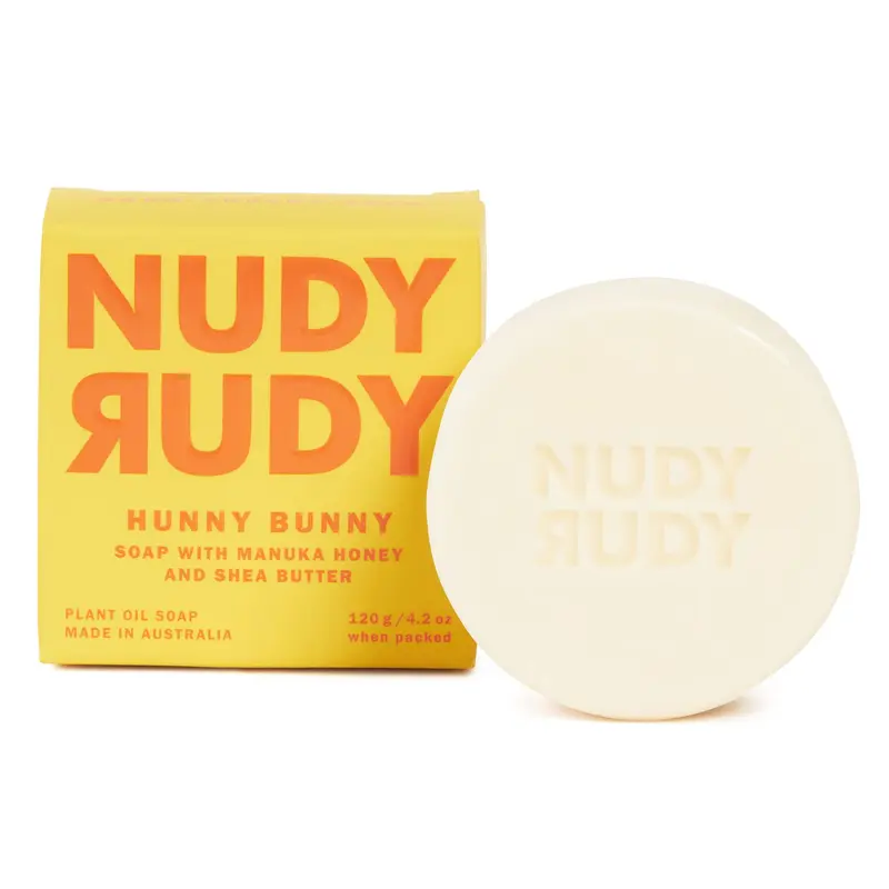 Nudy Rudy Hunny Bunny Savon Bar Puck – Karité Bio & Miel Manuka, Barre Triple Moulée, Sans Agents Agressifs, Tous Types de Peau, 120 g, Fabriqué en Australie