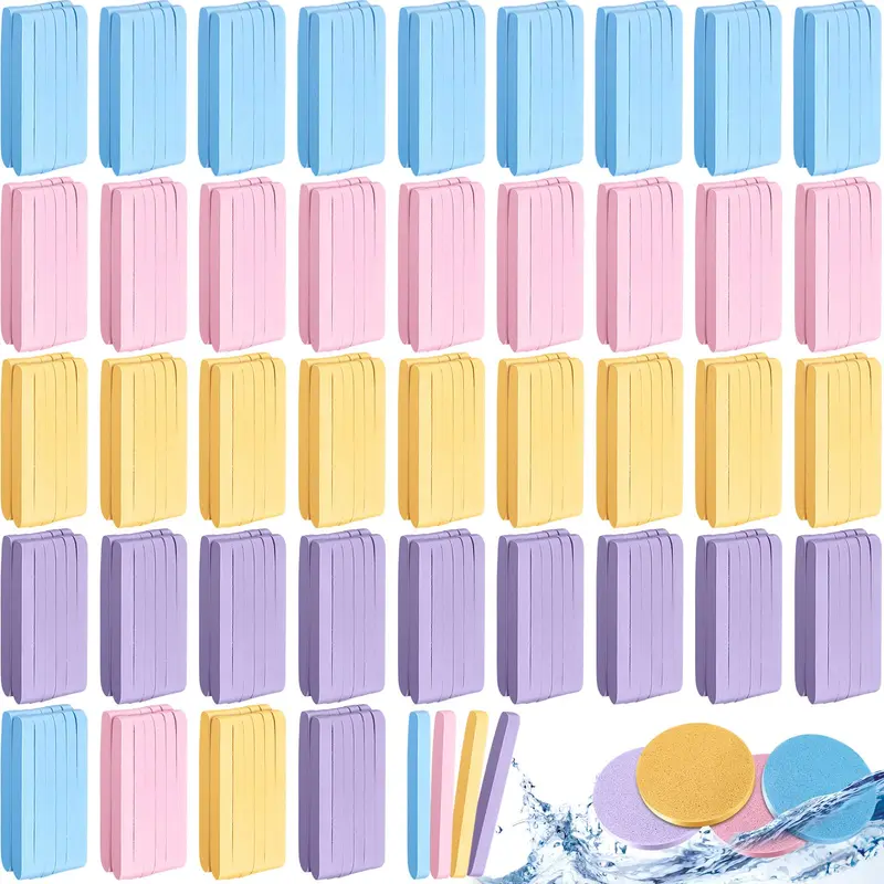 Nuogo – 480 éponges faciales comprimées pour démaquillage et exfoliation, rondes, PVA, 4 couleurs (rose, jaune, bleu, violet)