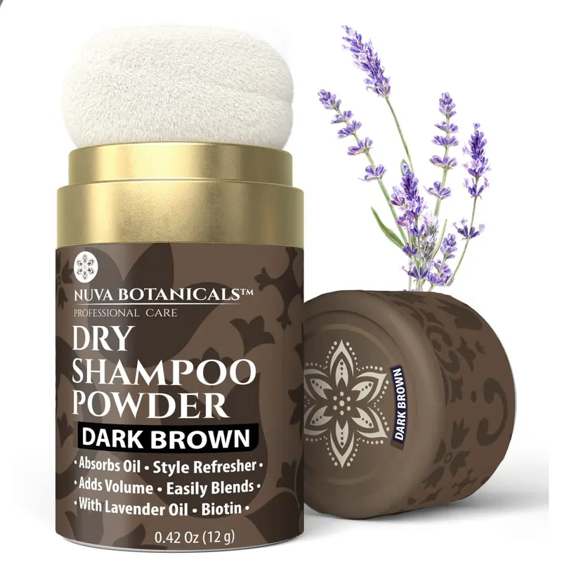 Nuva Botanicals Poudre Sèche Brun Foncé – Non Aérosol, Biotine, Lavande et Ginseng Coréen – Format Voyage 0,42 oz