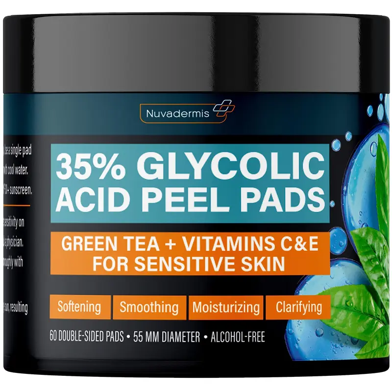 NUVADERMIS 35% Tampons Gommage Acide Glycolique – Exfoliation Visage Douce pour Pores, Taches et Acné – 60 Tampons Double-Face