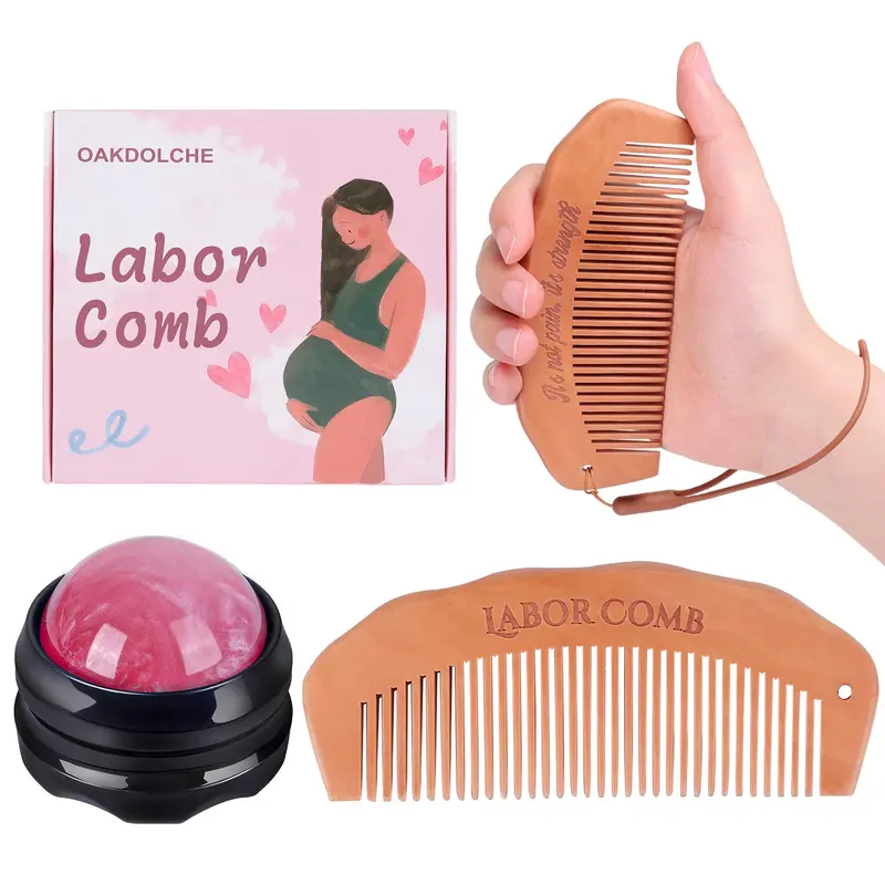 OAKDOLCHE Peigne d'accouchement et Balle de Massage 360° — Kit Bois pour Grossesse et Travail