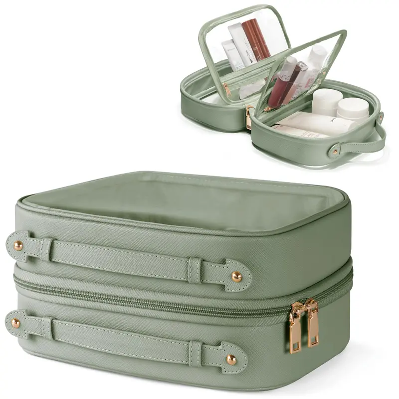 Oaque Sac Cosmétique Transparent à Double Couche – Grand Modèle Vert Sauge (4 Compartiments)