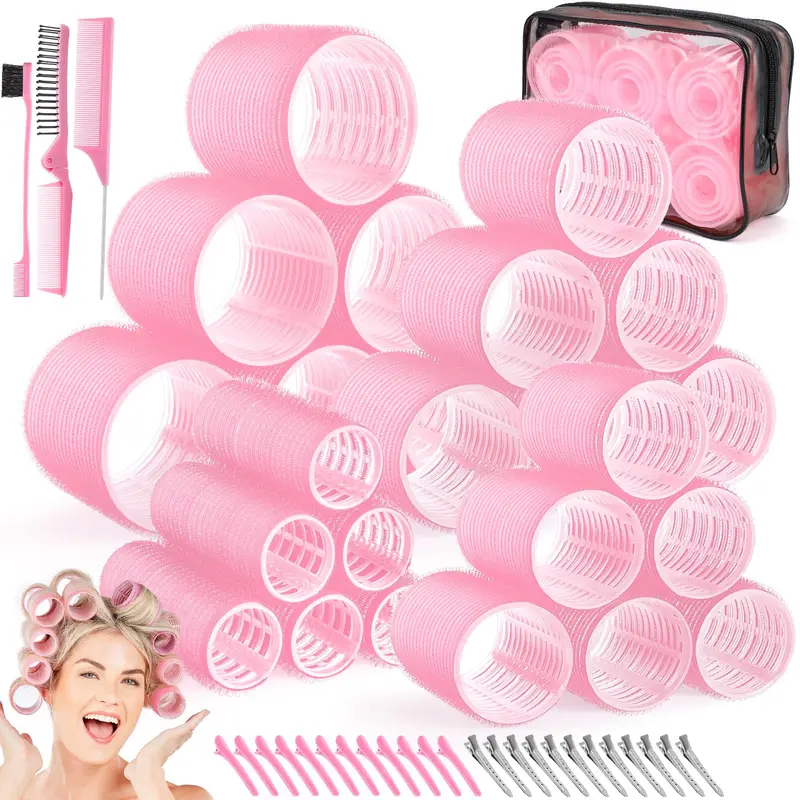 Obeoby Rouleaux Cheveux 4 Tailles (25/36/48/60 mm) avec Clips – Boucles Faciles et Rose
