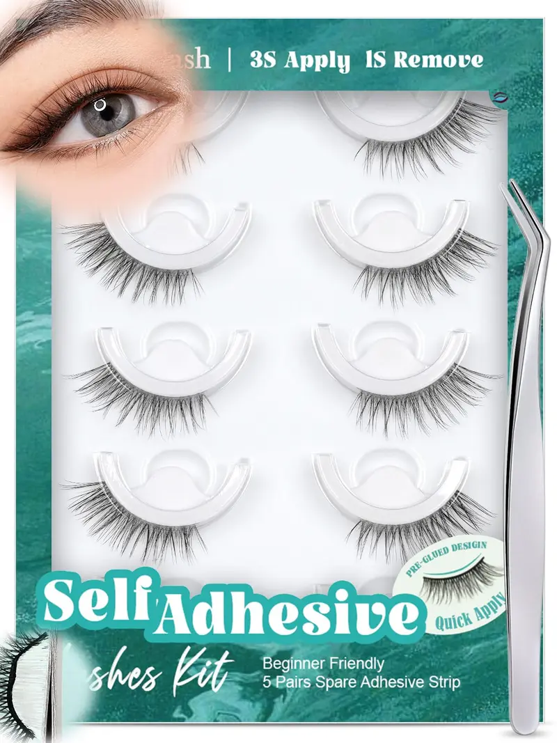 Obeyalash M874 – Faux cils auto-adhésifs 3/4 pour regard chat, sans colle, 5 paires, 14 mm, imperméables