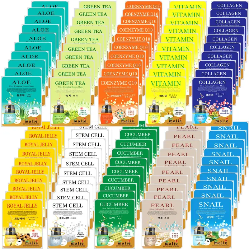 OBS lab – 100 Masques Hydratants à Essence (10 types x 10 pièces) – Masques Visage Coréens