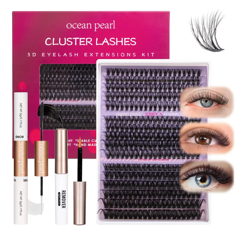 Ocean Pearl – Cils en grappes 320 pièces (11–20 mm) – Kit DIY avec adhésif et scellant 2-en-1