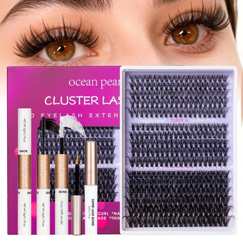Ocean Pearl Cils en grappes — Kit 320 pièces 11–20 mm (30D/40D/60D) avec adhésif et pince à cils
