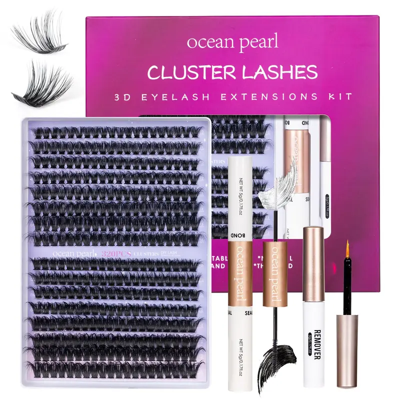 Ocean Pearl Grappes de Cils — Kit 320 pièces 3D, cils en grappes 60D/80D, kit extensions et accessoires