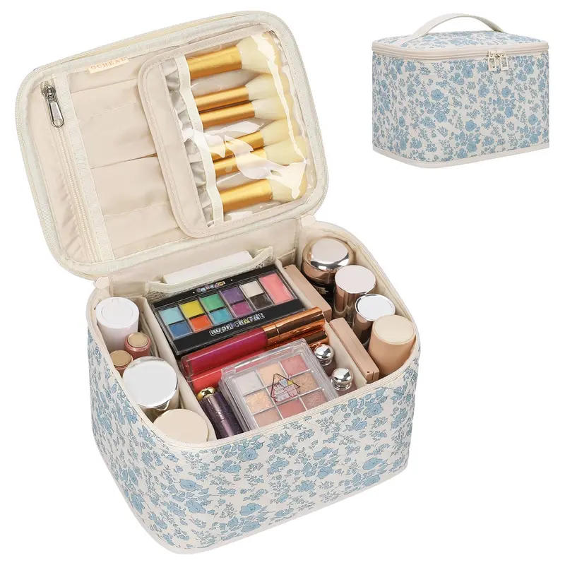 OCHEAL Sac de Maquillage de Voyage – Grande Capacité, Organiseur Beauté Bleu Floral