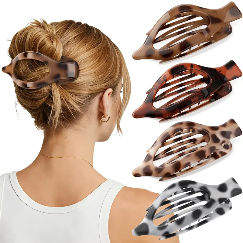Oeusnael – 4 Pinces Plates Grandes pour Cheveux | Clip Plat Léopard, Confort et Maintien