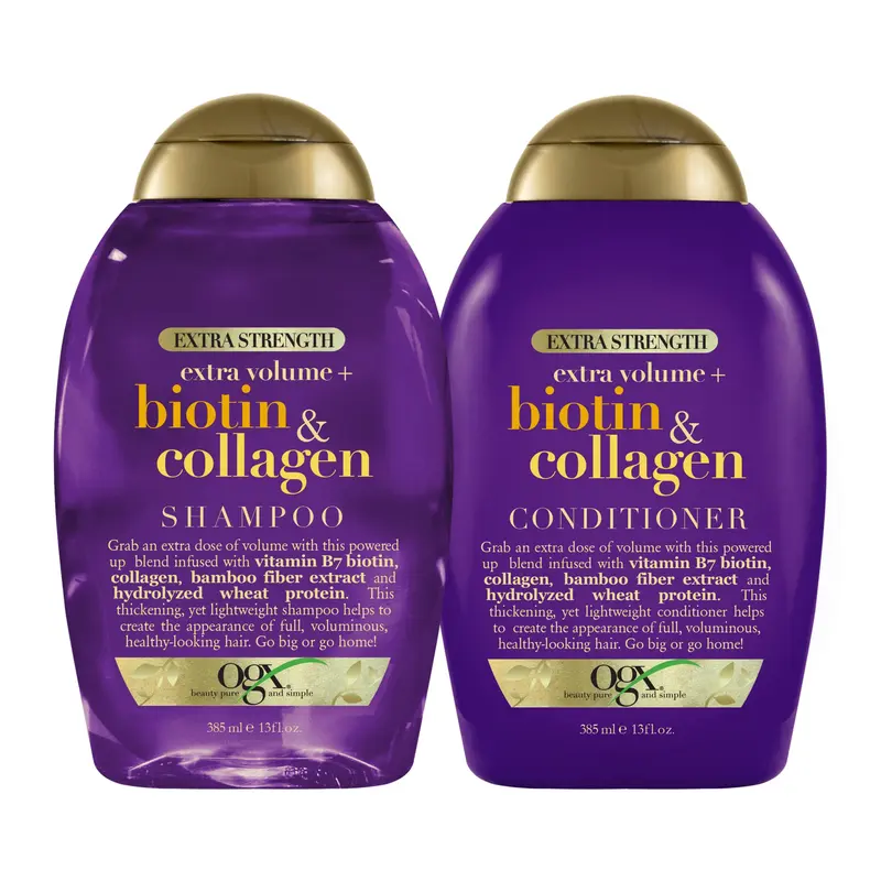 OGX Shampoing et Après-Shampoing Biotine et Collagène Extra Force – Volume pour Cheveux Fins, Sans Sulfates, 13 oz