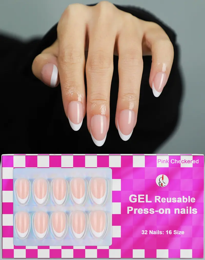 OIFEN Ongles Gel à Poser Amande Française Court – 32 Pièces, 16 Tailles, Colle Incluse, Finition Brillante
