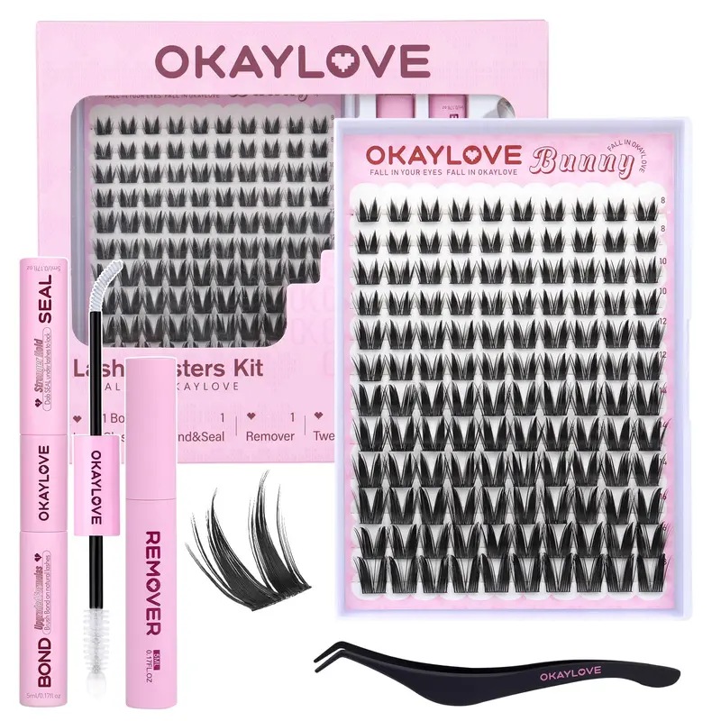 OKAYLOVE Manga Lash Clusters Kit – Lapin 8–18 mm, CC Curl, Bond & Seal 2-en-1, Démaquillant, Pinceaux