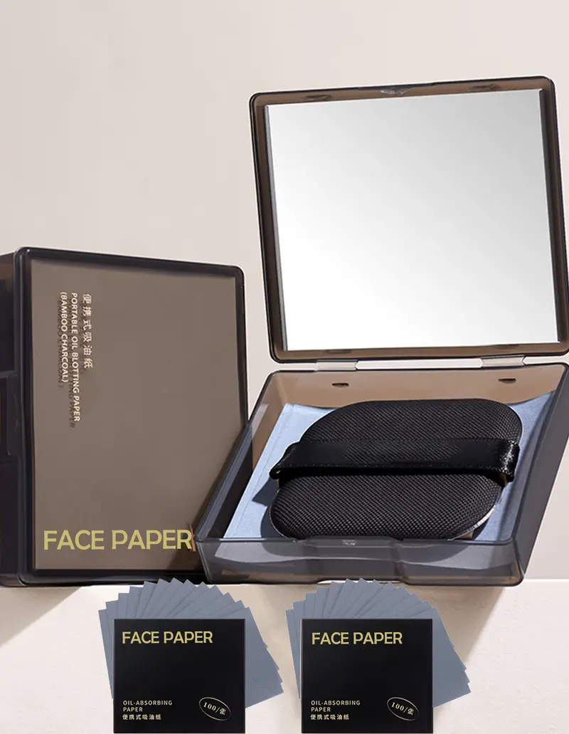 Okerker – Papier absorbant au charbon de bambou pour peau grasse, 300 feuilles avec miroir, puff et recharges