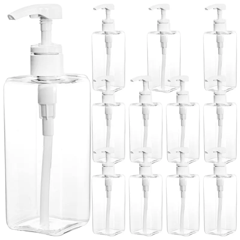 Okllen – Lot de 12 Bouteilles à Pompe Plastique Transparentes 473 ml, Rechargeables et Vides (Forme Carrée)