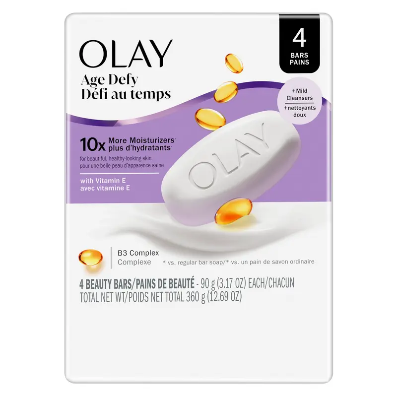 Olay Beauty Bar Anti-Âge – 10x Hydratation, 4×3,17 oz, Douceur Visage & Corps, Parfum Beurre de Karité