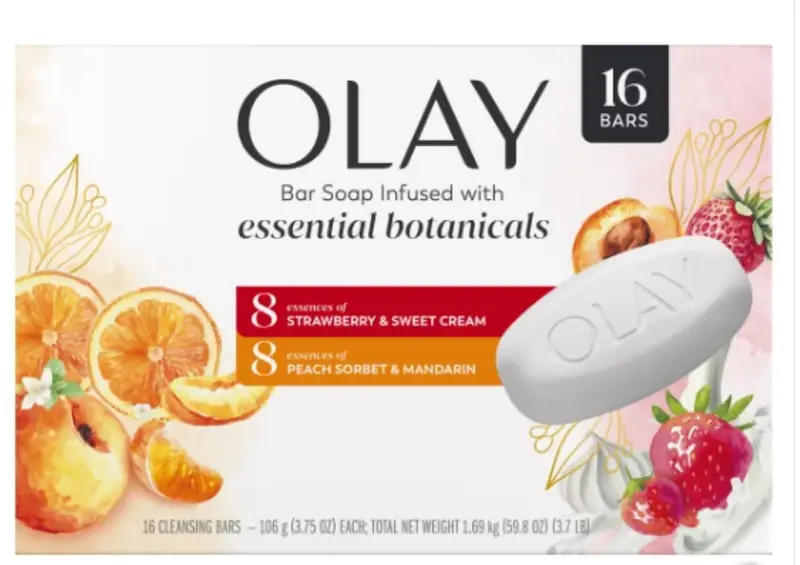 Olay Botanical Bliss Savon en Barre – Lot de 16 (3,75 oz chacun) Infusé Fraise & Crème, Sorbet de Pêche & Mandarine