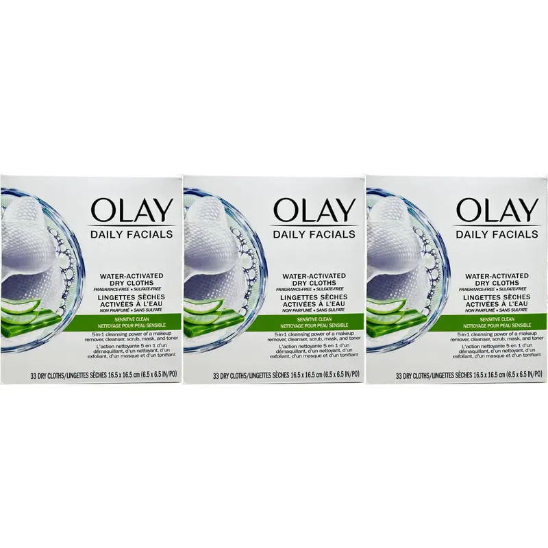 OLAY Lingettes Nettoyage Doux 5-en-1 Activées par l’Eau – Lot de 3 (33 lingettes chacun)