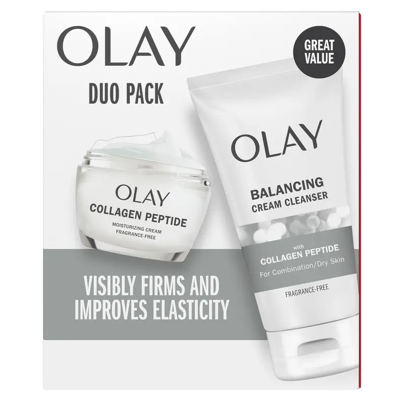 Olay Pack Duo Collagène Peptide – Crème Hydratante et Nettoyant Visage Sans Parfum, 5,0 oz et 1,7 oz