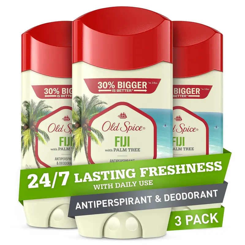 Old Spice Déodorant Antitranspirant Homme – Fraîcheur 24/7, Protection Contre Transpiration et Odeurs, Invisible, Fiji Palmier, Lot de 3 bâtons de 3,4 oz