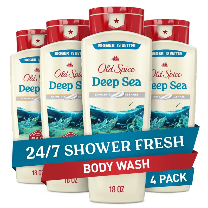 Old Spice Gel Douche pour Hommes – Fraîcheur 24/7, Exfolie et Nettoie, Senteur Océan Profond et Varech, Vitamine B3, 532 ml (pack de 4)