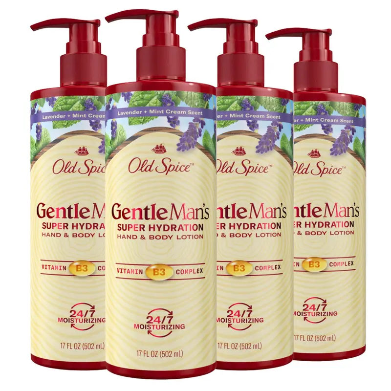Old Spice Lotion Mains et Corps – Hydratation 24/7, Vitamine B3, Lavande + Menthe, Pack de 4 x 500 ml