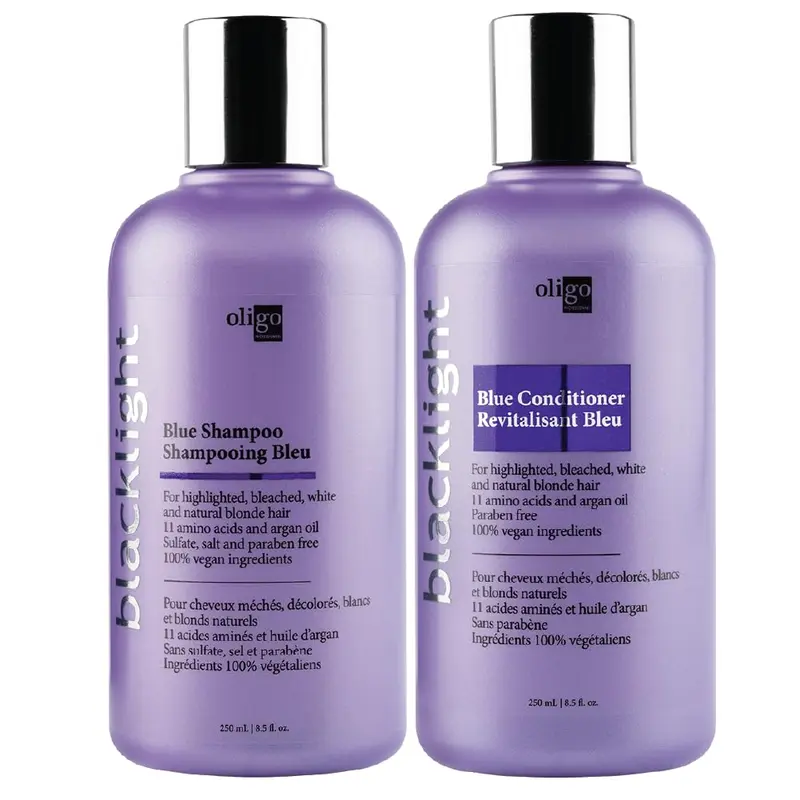 Oligo Professionnel Blacklight Blue Shampooing et Après-shampooing pour blondes — Sans sulfate, végane — Élimine les tons chauds et ravive les reflets — Duo 250 ml