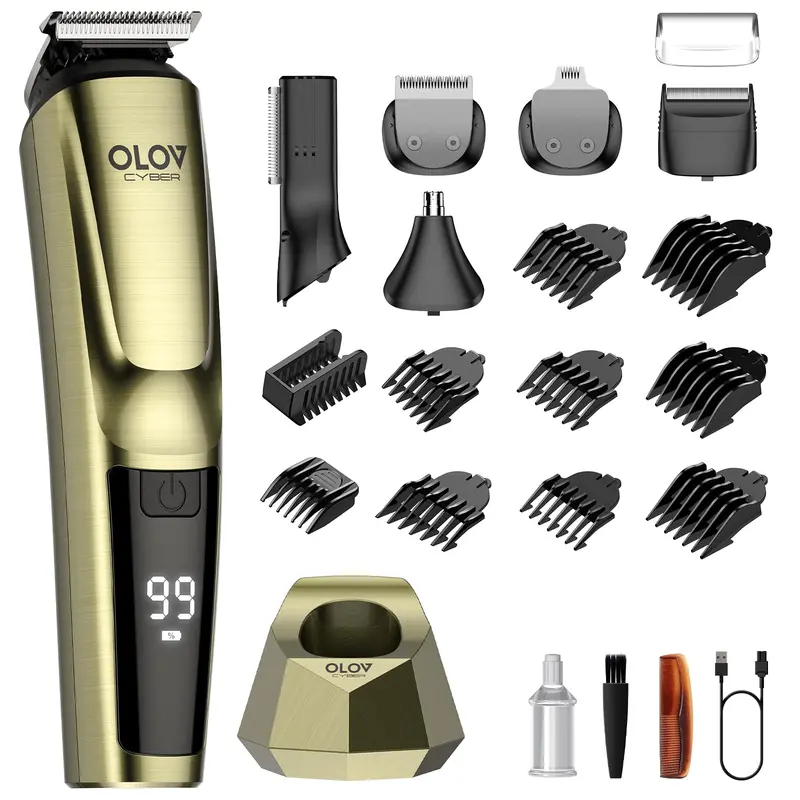 OLOV CYBER Tondeuse Barbe 17-en-1 pour Hommes – 6 Têtes, Rechargeable sans Fil avec Dock, Étanche IPX7