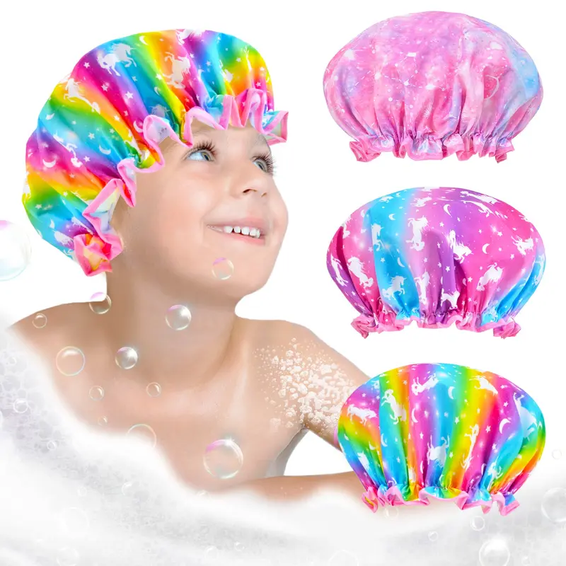 OlyPegic Chapeau de Douche pour Enfants – Lot de 3 Capuchons Imperméables avec Motifs Licorne, Sirène et Arc-en-Ciel