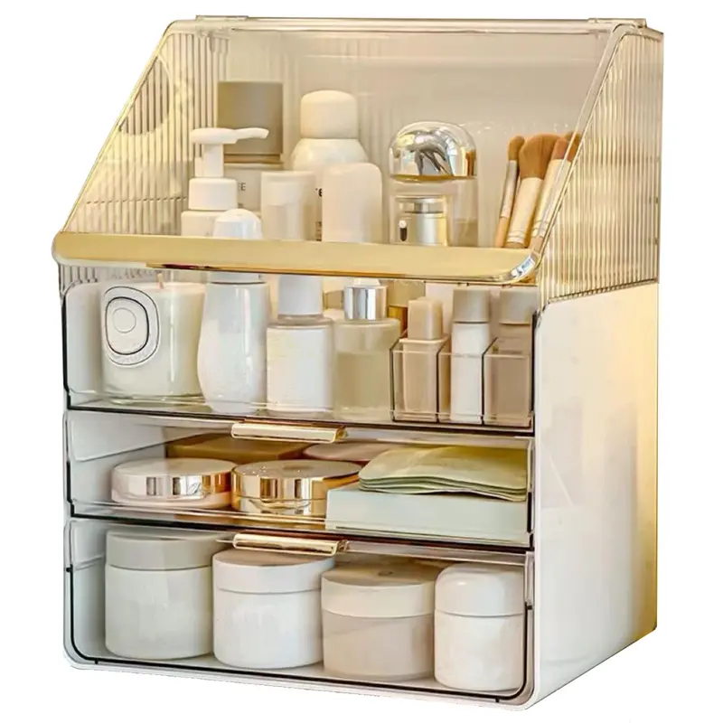 Omeily Grand Organisateur Cosmétique — Rangement Maquillage sur Comptoir, Couvercle Transparent et Poignée Dorée, 3 Niveaux