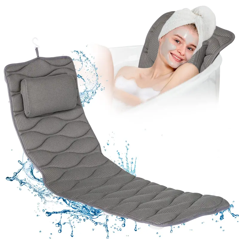 OMYSTYLE Oreiller Bain Complet 5D Maillage – 21 Ventouses Anti-Glisse – Soutien Tete-Dos Gris