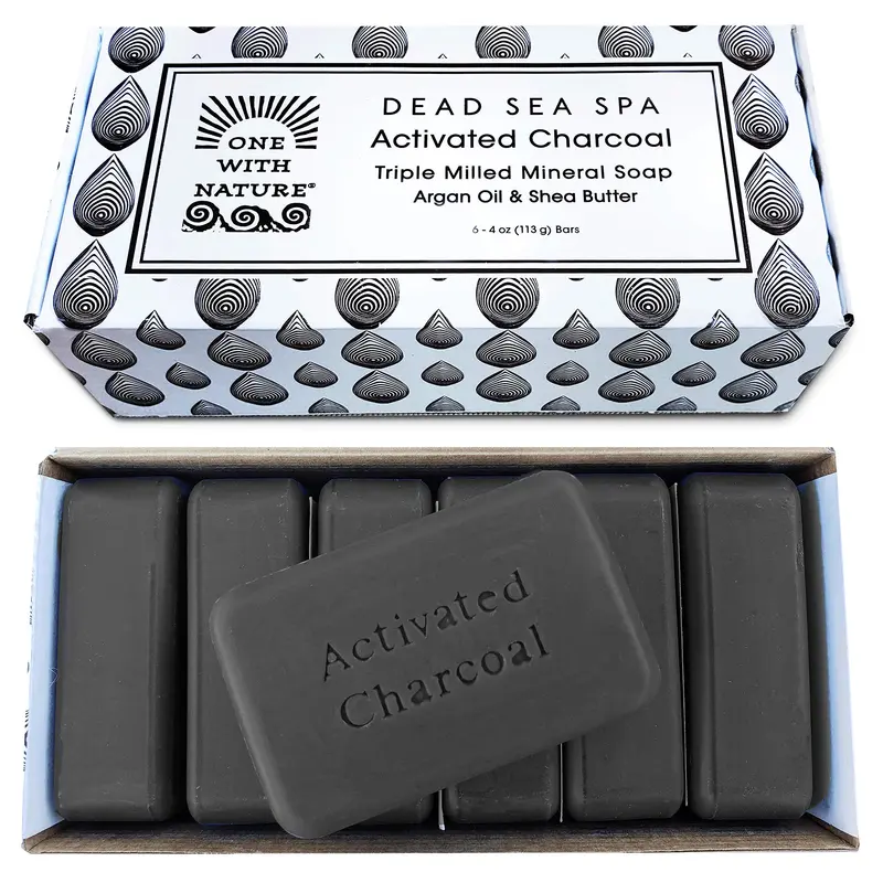 One With Nature Savon Charbon Actif — Coffret Cadeau 6x4oz (113 g), Détoxifiant & Exfoliant au Sel de Mer Morte